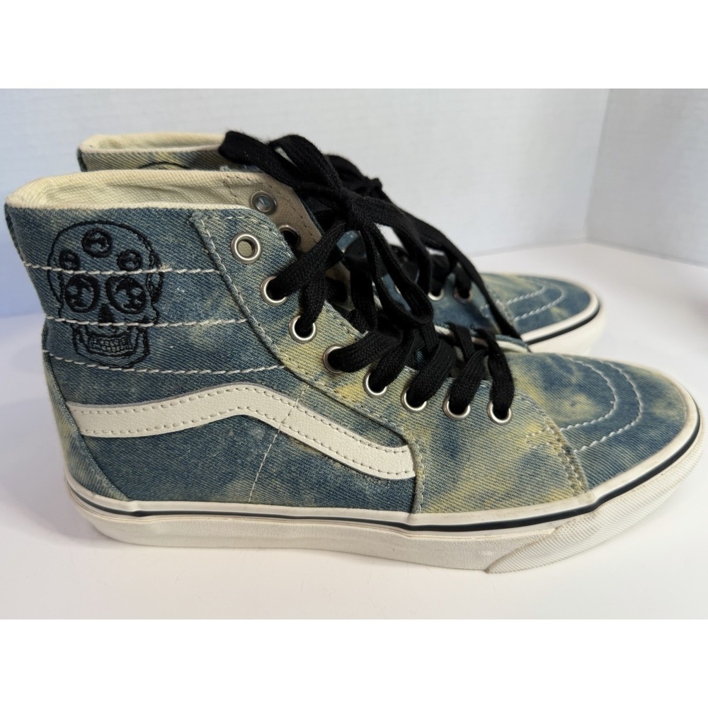 Vans Sk8-Hi Denim Skull Sneakers Mens 6 Women's 7.5 Blue Bleach Wash Shoes